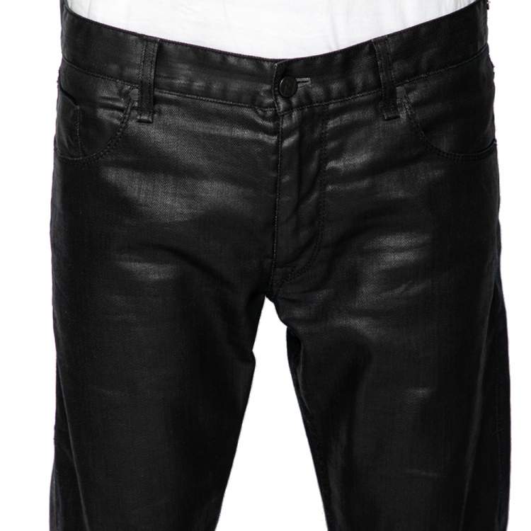 Pre Owned Fendi Black Leather Coated Denim Jeans XL 