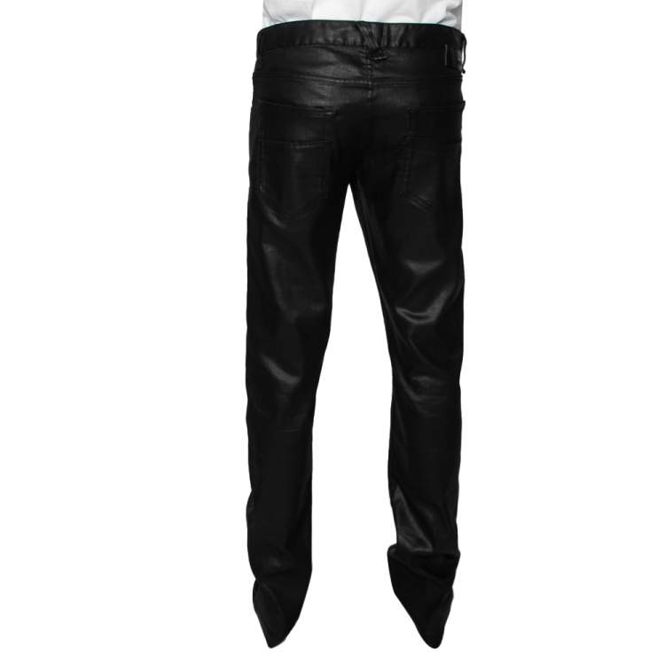 Pre Owned Fendi Black Leather Coated Denim Jeans XL 