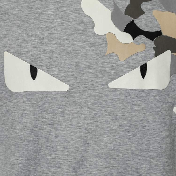 Pre Owned Fendi Grey Cotton Monster Eyes Leather Patch Detail Crewneck T-Shirt M