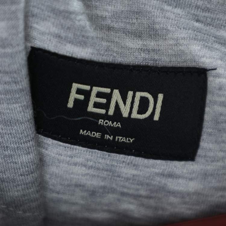 Pre Owned Fendi Grey Cotton Monster Eyes Leather Patch Detail Crewneck T-Shirt M