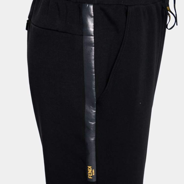 Pre Owned Fendi Black Stretch Knit Logo Tape Detailed Trackpants L