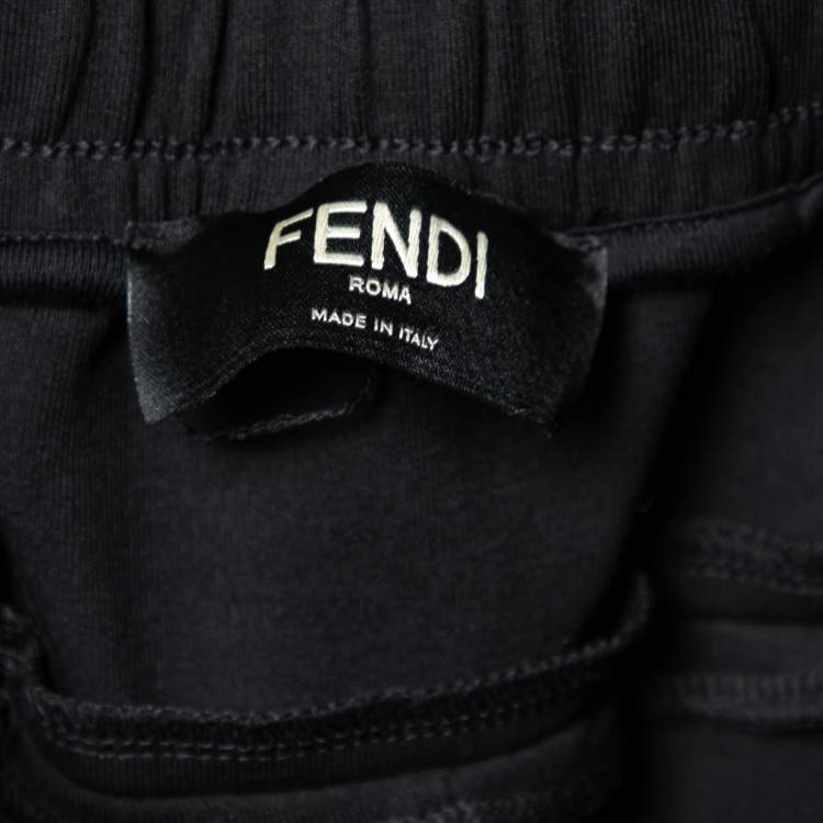 Pre Owned Fendi Black Stretch Knit Logo Tape Detailed Trackpants L
