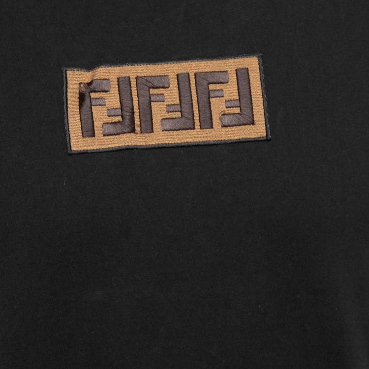 Pre Owned Fendi Black Cotton Logo Patch Detail Roundneck T-Shirt M