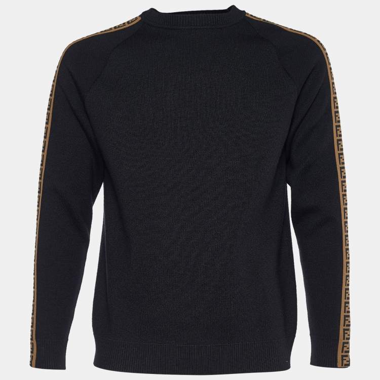 Pre Owned Fendi Black Wool Knit Zucca Detail Crew Neck Jumper M