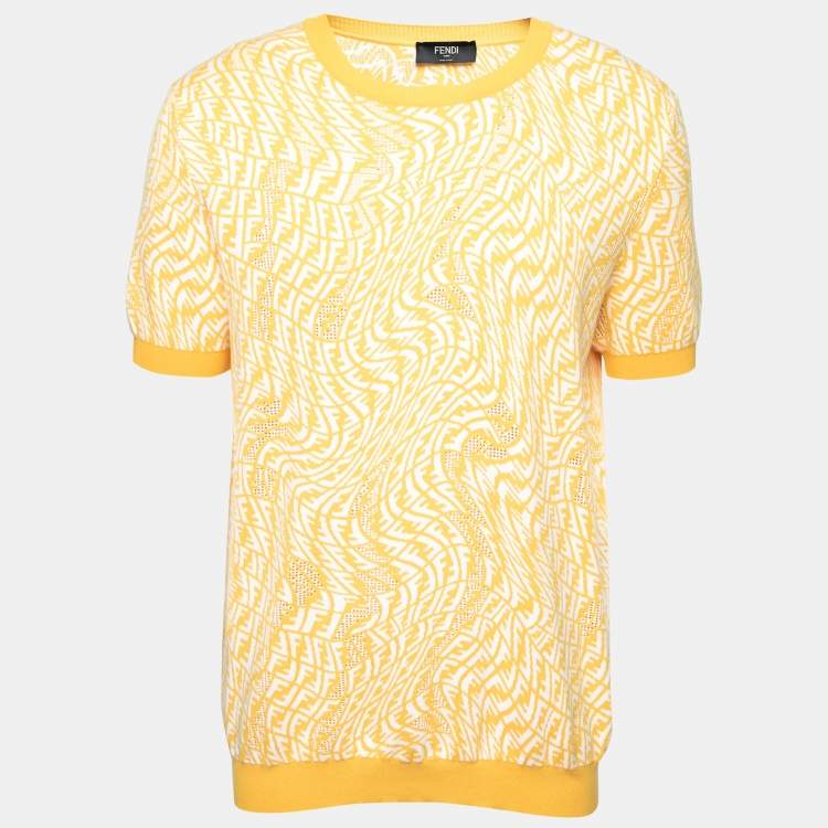 Pre Owned Fendi Yellow FF Vertigo Motif Pointelle Knit Short Sleeve Jumper XXL 