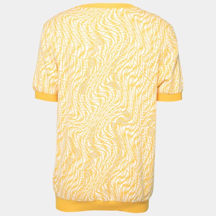 Pre Owned Fendi Yellow FF Vertigo Motif Pointelle Knit Short Sleeve Jumper XXL 