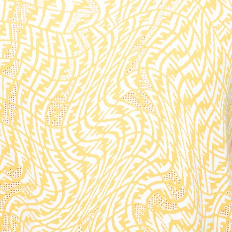 Pre Owned Fendi Yellow FF Vertigo Motif Pointelle Knit Short Sleeve Jumper XXL 
