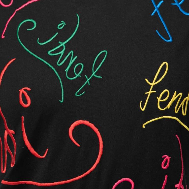 Pre Owned Fendi Black Cotton Logo Embroidered Short Sleeve T-Shirt M