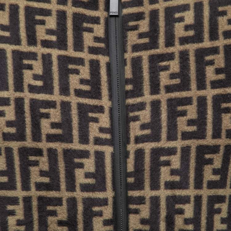 Pre Owned Fendi Brown FF Monogram Fleece Logo Tape Trimmed Jacket L