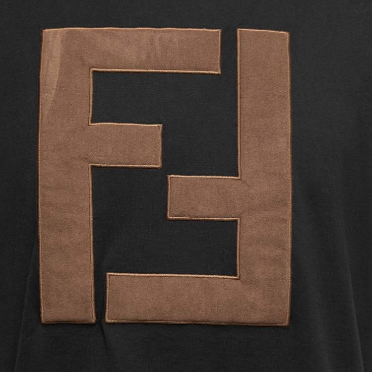 Pre Owned Fendi Black Cotton Alcantara FF Logo Embroidered Round Neck T-Shirt XL