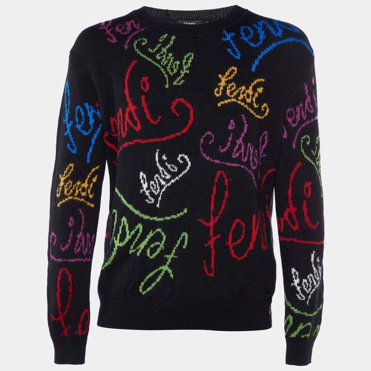Fendi Black Logo Intarsia Wool Knit Sweater XL Fendi | TLC