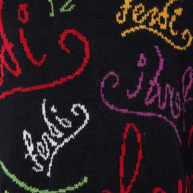 Pre Owned Fendi Black Logo Intarsia Wool Knit Sweater XL