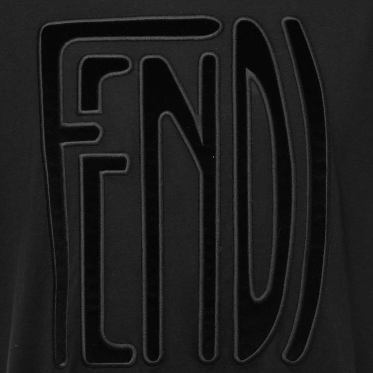 Pre Owned Fendi Black Cotton Velvet Logo Patched T-Shirt S