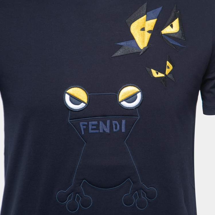 Pre Owned Fendi Navy Blue Frog & Butterfleyes Cotton Crew Neck T-Shirt M