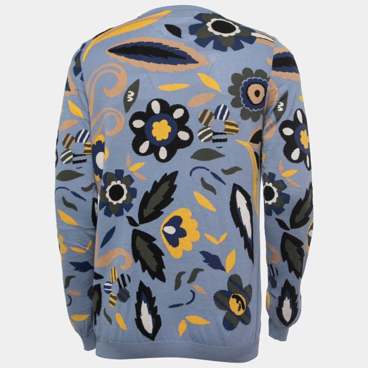 Pre Owned Fendi Blue Floral Jacquard Knit Long Sleeve Jumper L