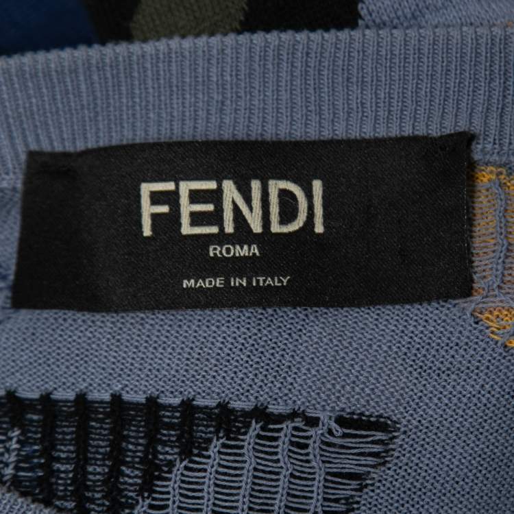 Pre Owned Fendi Blue Floral Jacquard Knit Long Sleeve Jumper L