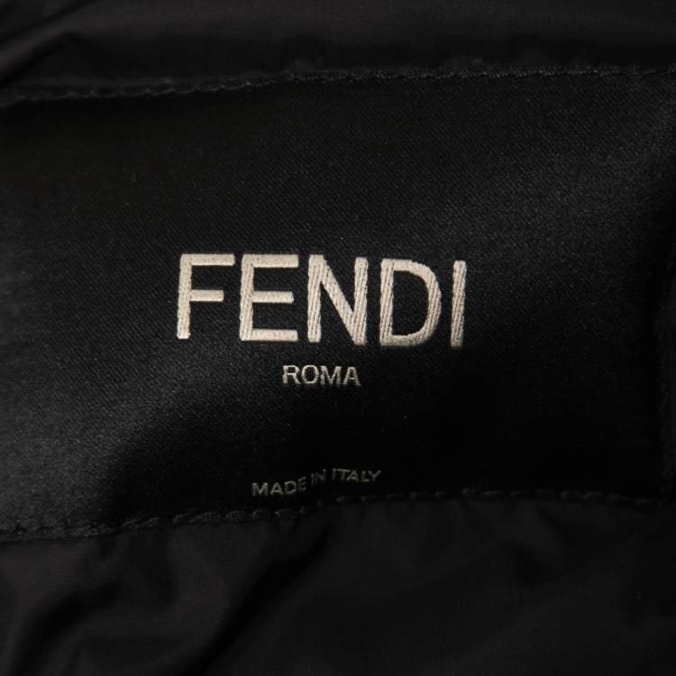 Pre Owned Fendi Black Logo Printed Nylon Hooded Down Jacket L