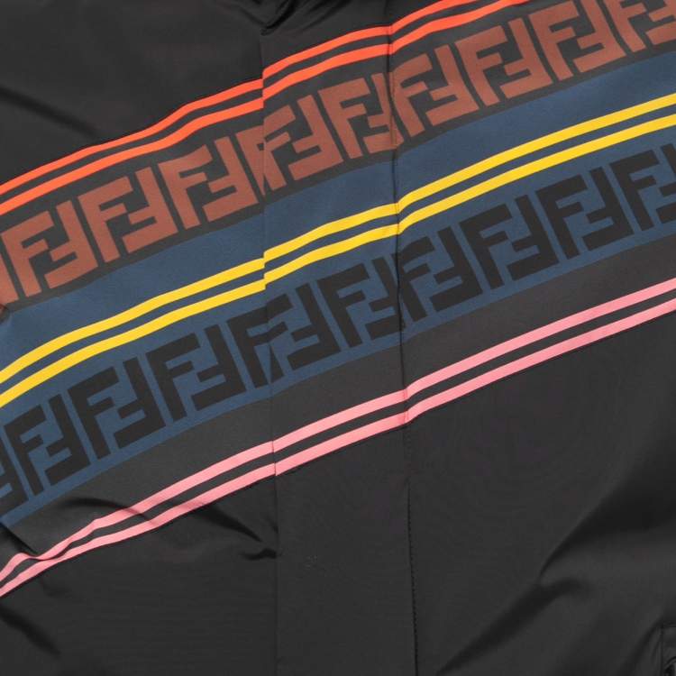 Pre Owned Fendi Black Logo Printed Nylon Hooded Down Jacket L
