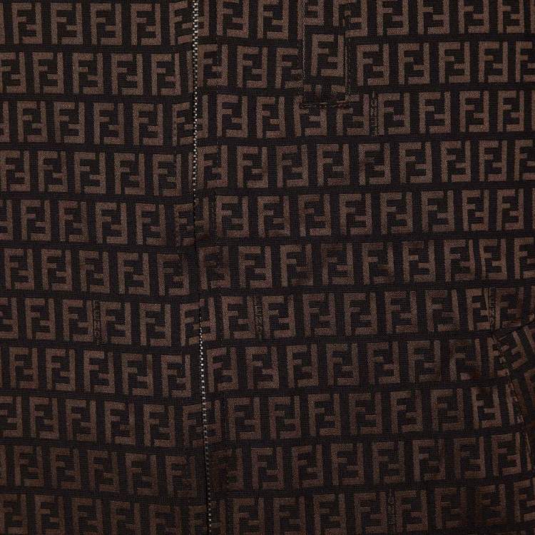 Pre Owned Fendi Jeans Vintage Brown Monogram Jacquard & Fleece Reversible Hooded Jacket XL
