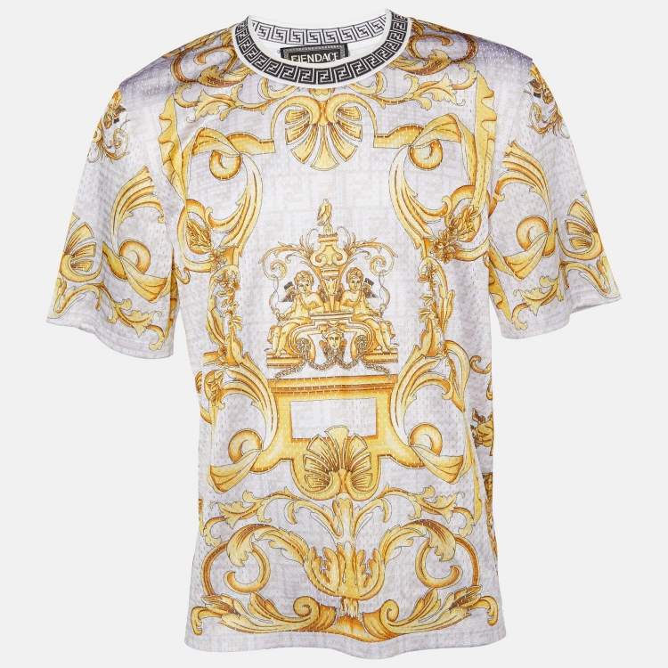 Pre Owned Fendace White Baroque Printed Perforated Knit Sweatshirt L
