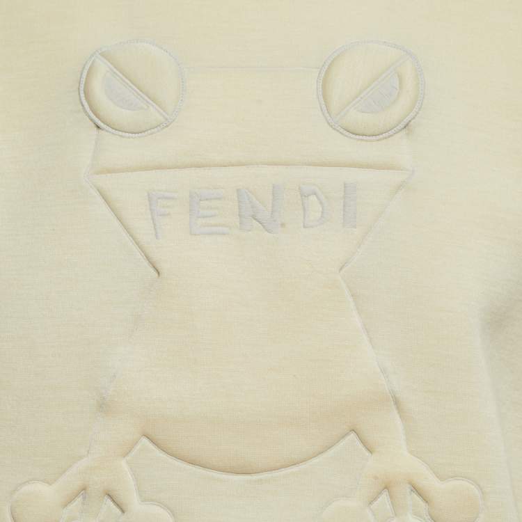 Pre Owned Fendi Light Yellow Frog Embroidered Knit Crew Neck Sweatshirt M