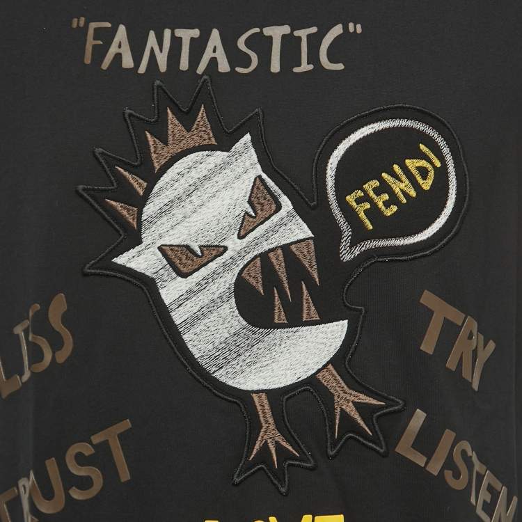 Pre Owned Fendi Black Cotton Applique Detailed Half Sleeve T-Shirt XXL