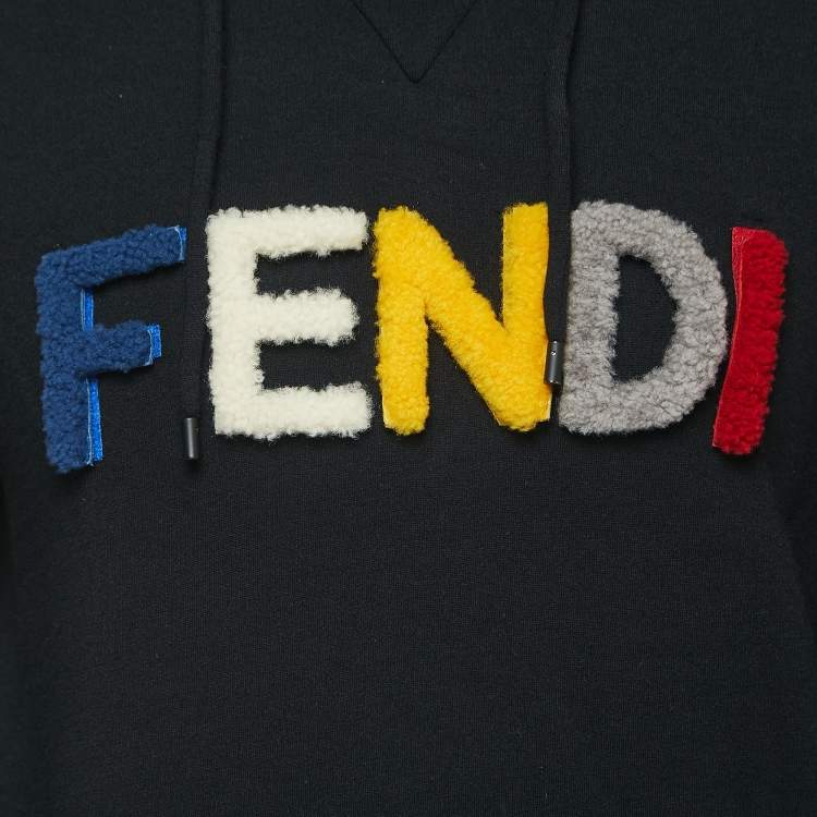 Pre Owned Fendi Black Wool Knit Velcro Shearling-Logo Hoodie L