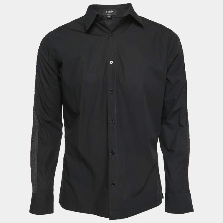 Pre Owned Fendi Black Cotton Logo Tape Detailed Button Front Shirt M
