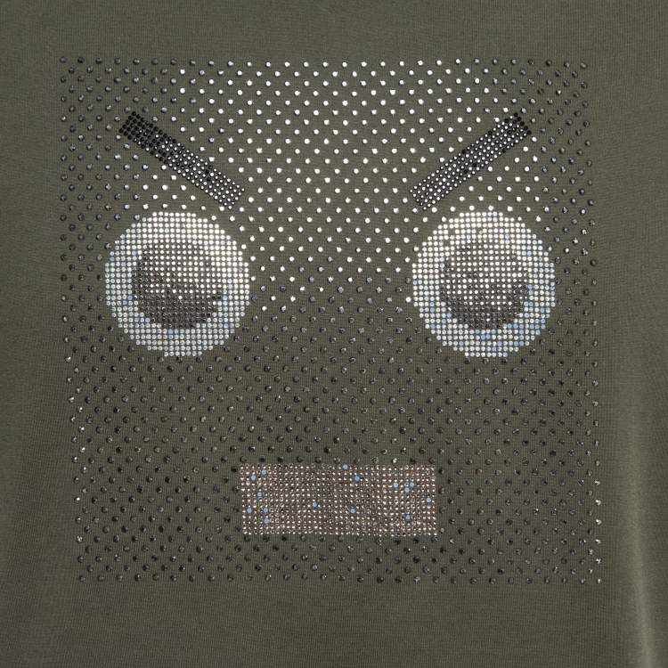 Pre Owned Fendi Green Embellished Eye Cotton Crew Neck T-Shirt M
