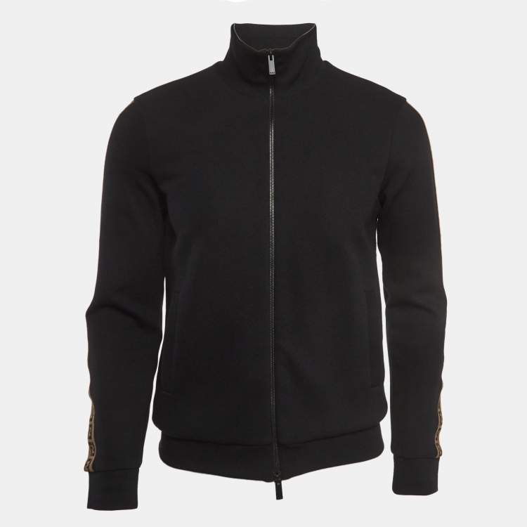 Pre Owned Fendi Black Knit Side Logo Tape Zip Front Jacket XS