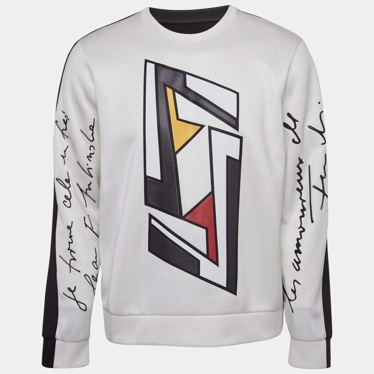 Pre Owned Fendi White Logo Patch Knit Round Neck Pullover L
