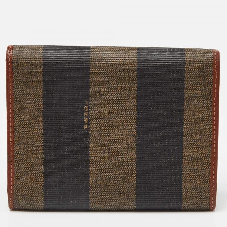Pre Owned Fendi Brown/Tan Pequin Coated Canvas and Leather Flap Compact Wallet