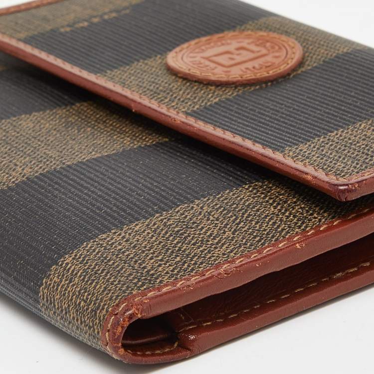 Pre Owned Fendi Brown/Tan Pequin Coated Canvas and Leather Flap Compact Wallet