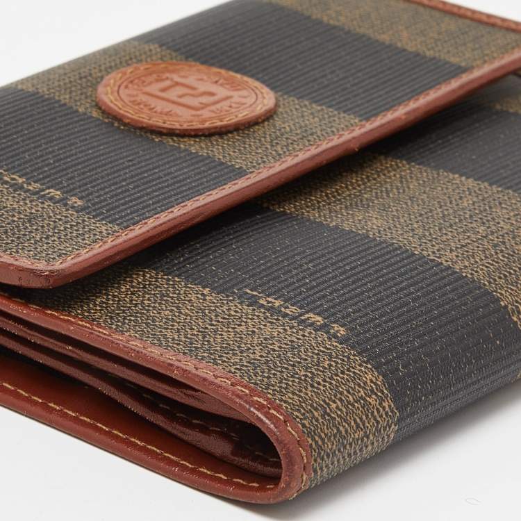 Pre Owned Fendi Brown/Tan Pequin Coated Canvas and Leather Flap Compact Wallet