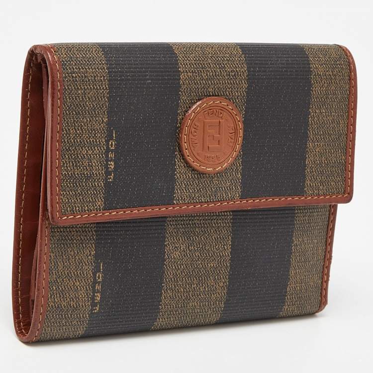 Pre Owned Fendi Brown/Tan Pequin Coated Canvas and Leather Flap Compact Wallet