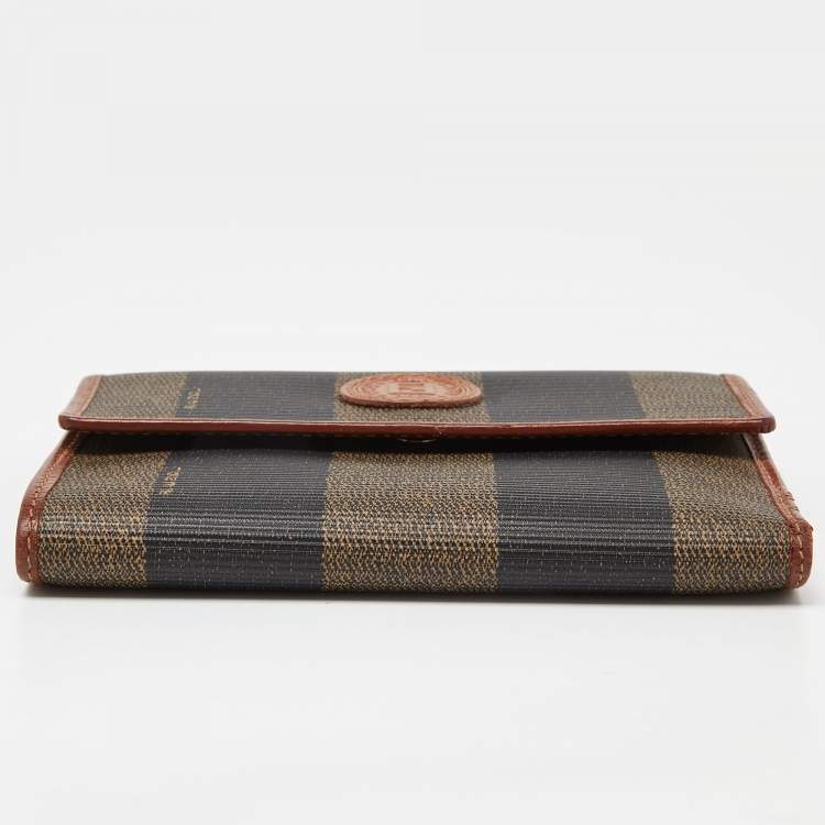 Pre Owned Fendi Brown/Tan Pequin Coated Canvas and Leather Flap Compact Wallet