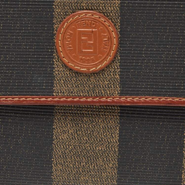 Pre Owned Fendi Brown/Tan Pequin Coated Canvas and Leather Flap Compact Wallet