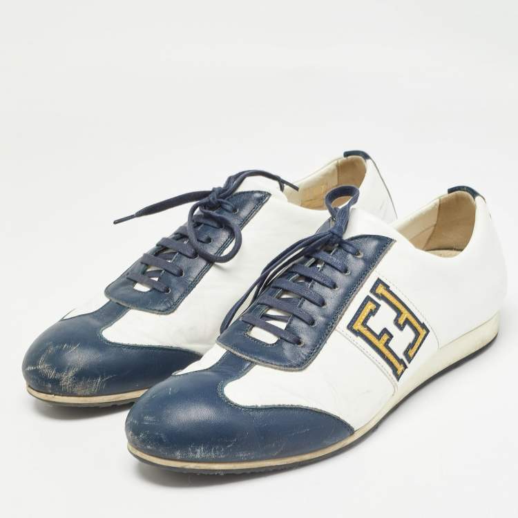 Pre Owned Fendi Blue/White Leather FF Logo Low Top Sneakers Size 44
