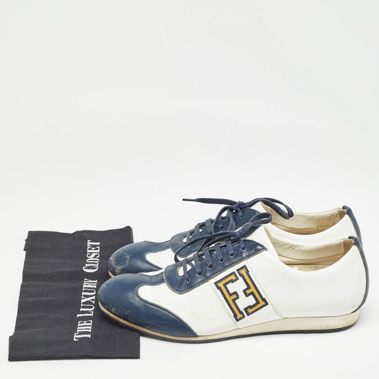 Pre Owned Fendi Blue/White Leather FF Logo Low Top Sneakers Size 44