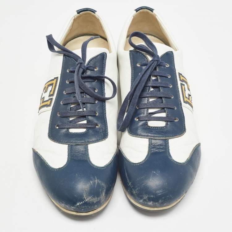 Pre Owned Fendi Blue/White Leather FF Logo Low Top Sneakers Size 44