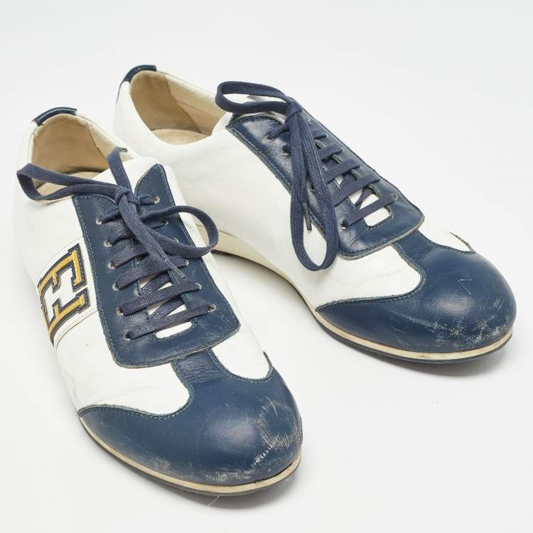 Pre Owned Fendi Blue/White Leather FF Logo Low Top Sneakers Size 44