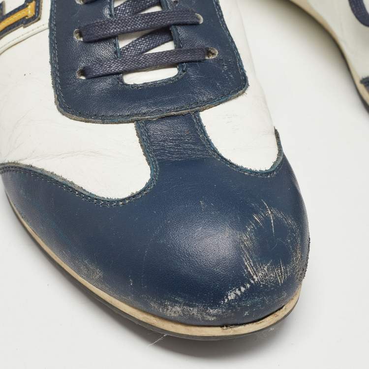 Pre Owned Fendi Blue/White Leather FF Logo Low Top Sneakers Size 44