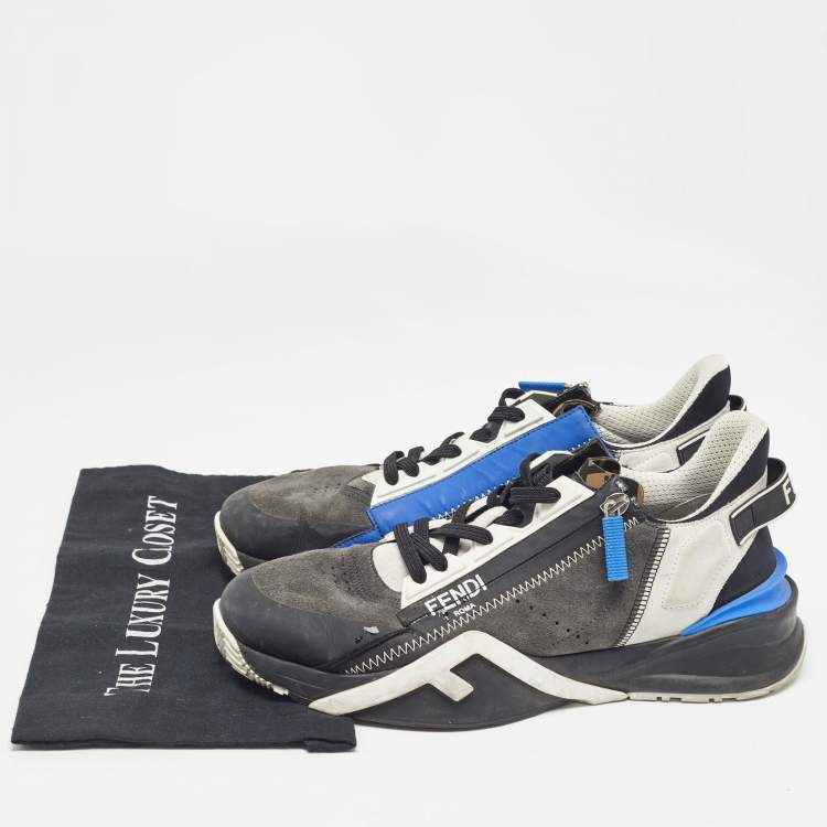 Pre Owned Fendi Black/Blue Leather and Mesh Flow Low Top Sneakers Size 42