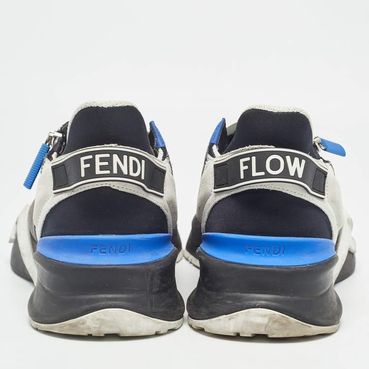 Pre Owned Fendi Black/Blue Leather and Mesh Flow Low Top Sneakers Size 42