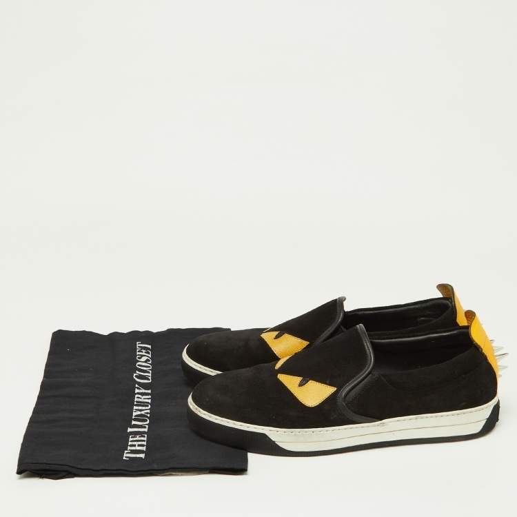 Pre Owned Fendi Black/Yellow Suede and Leather Monster Eye Slip On Sneakers Size 41