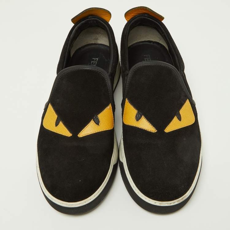Pre Owned Fendi Black/Yellow Suede and Leather Monster Eye Slip On Sneakers Size 41