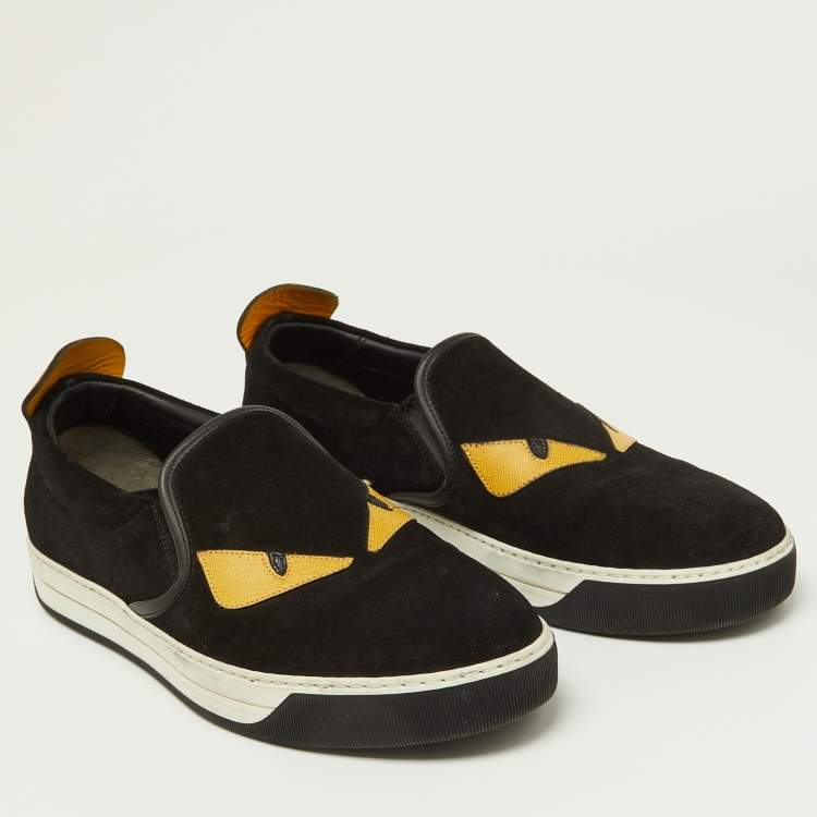 Pre Owned Fendi Black/Yellow Suede and Leather Monster Eye Slip On Sneakers Size 41