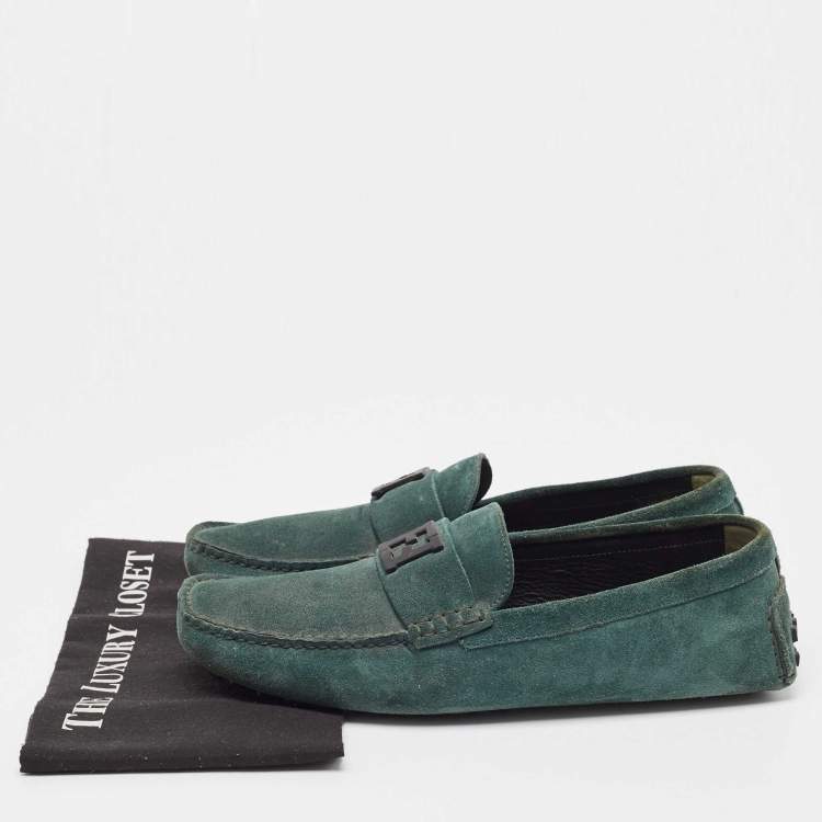 Pre Owned Fendi Dark Green Suede FF Slip On Loafers Size 44