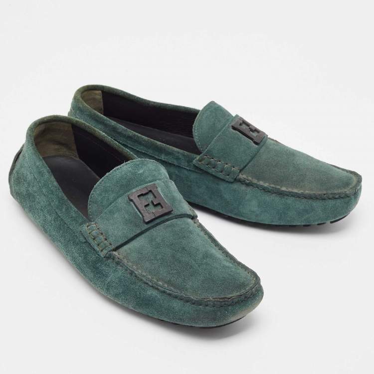 Pre Owned Fendi Dark Green Suede FF Slip On Loafers Size 44