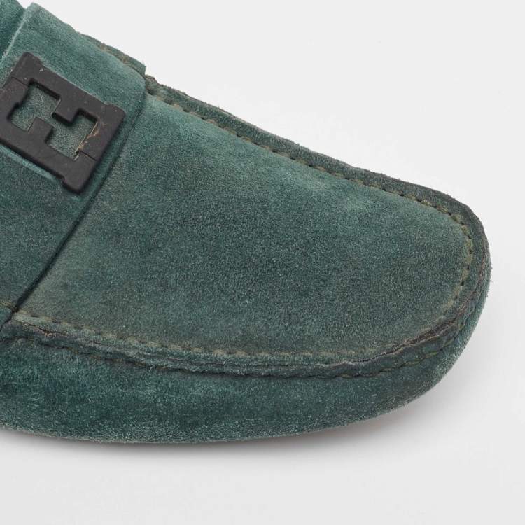 Pre Owned Fendi Dark Green Suede FF Slip On Loafers Size 44